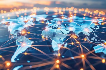 Brightly illuminated global map with interconnected lines and glowing nodes on a dark background. Concepts of global connectivity, digital networks, and worldwide communication.