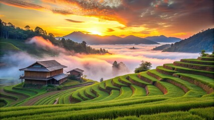 Tranquil rice terraces at dawn with sunrise, misty valleys, traditional huts, vivid colors, tranquil