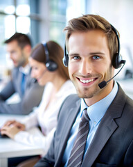 Professional customer support in glossy flexible workspace during call