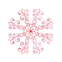 Watercolor openwork red snowflake. Frost crystals drawn by hand. Hand painted drawing isolated on white background.