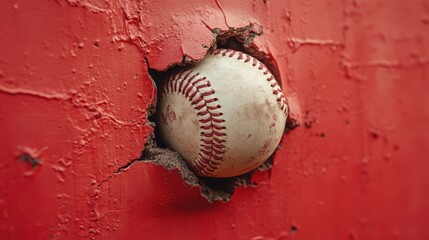 A Baseball hits through a red brick wall,Baseball ball flying through the wall with cracks,concept of strength,home run,Baseball player hitting ball with bat in close up,sport day,space for text.