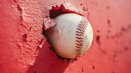 A Baseball hits through a red brick wall,Baseball ball flying through the wall with cracks,concept of strength,home run,Baseball player hitting ball with bat in close up,sport day,space for text.