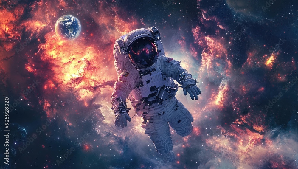 Poster astronaut floating in colorful nebula.