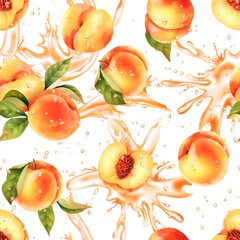 Seamless peach pattern with juice splashes. Hand-drawn illustration for summer cover, wallpaper, backdrop