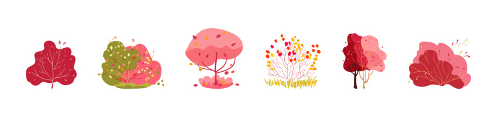 Autumn set of decorative bushes with thin branches of pink and red trees. Leaf fall. Multi-colored bright botany. Bushes with folk branches. Isolated vector white background..eleven