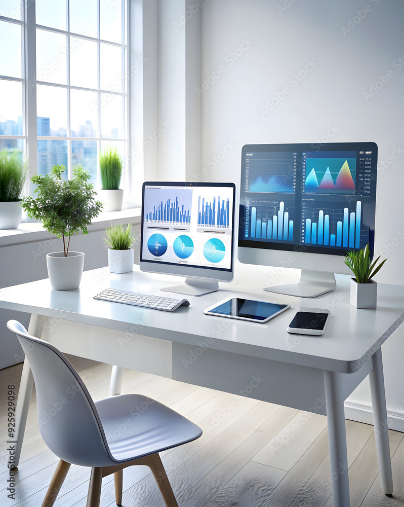 Poster professional workspace with holographic analytics software on desktop and tablet screens. emphasizin