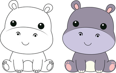 Cute kawaii cartoon character hippopotamus vector printable worksheets for preschool.