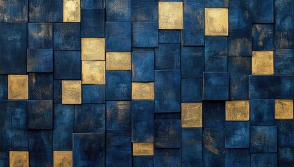 Blue and gold squares wooden wall.