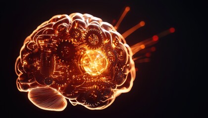 A vibrant illustration of a glowing brain with gears, symbolizing creativity and innovation in the fields of science and technology.