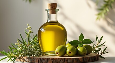 Elegant olive oil bottle, fresh olives, vibrant greenery, ideal for nutrition, cooking, wellness, Hispanic cuisine, copy space available, visually inviting.