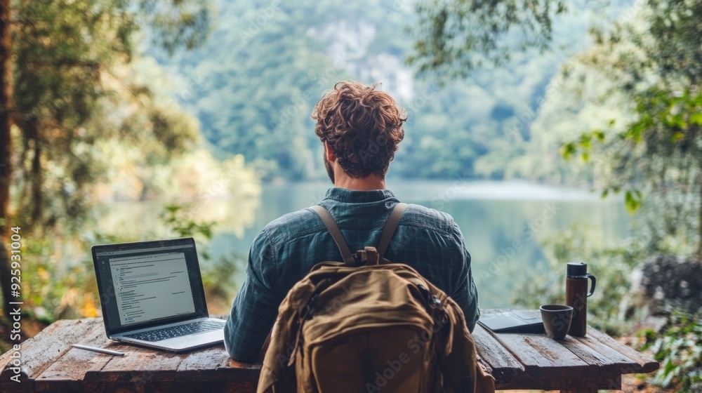 Poster a traveler sits at a rustic table beside a serene lake, immersed in work amidst lush greenery and th