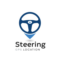 Steering wheel and gps locator symbol. Drive Point Logo. Location Pin Combined with Steering wheel icon