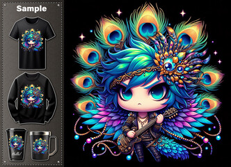 T-Shirt design: Vibrant Chibi Character Rocks Out with a Guitar Amidst a Stunning Display of Peacocks and Colorful Feathers in a Magical Setting