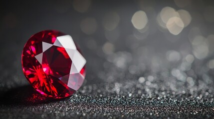A vibrant red ruby gem captured in an ultra-close shot, its facets glowing with intense color. The backdrop is a sleek, blurred black wall with subtle patterns, creating a luxurious and elegant
