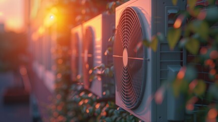 Row of outdoor air conditioning units with sunlight filtering through greenery at sunset. Concepts of energy efficiency, climate control, and residential cooling systems.