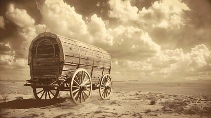 A vintage wooden wagon, with large wooden wheels, sits alone in a vast desert landscape under a sepia-toned sky with puffy clouds.