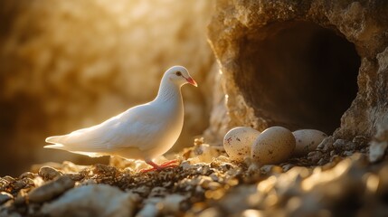 A white dove stands protectively by its eggs, basking in the warm glow of the morning light filtering through a rocky crevice