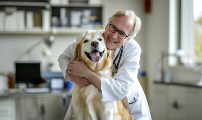 A vet hugging a dog in his clinic after successful treatment and grooming