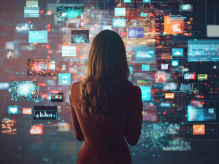 A woman is looking at a computer screen with many different icons and images