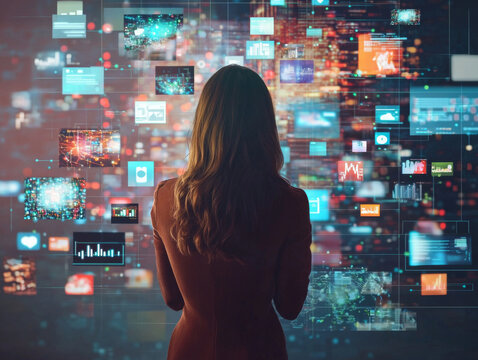 A woman is looking at a computer screen with many different icons and images