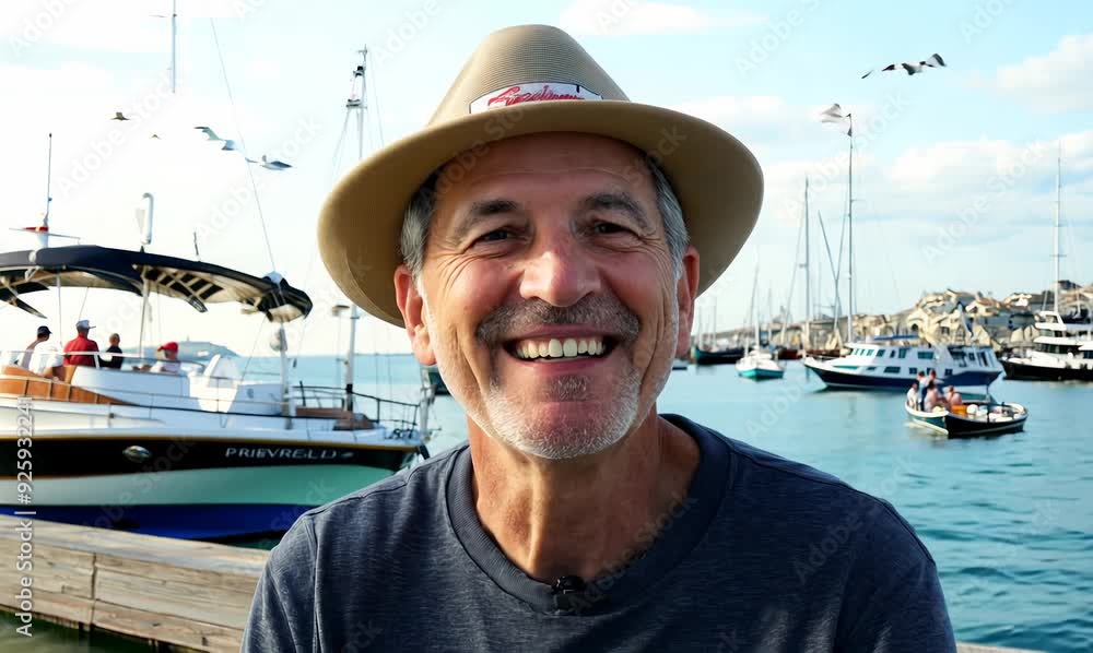 Poster Portrait of a happy senior man in a hat and t-shirt on a pier