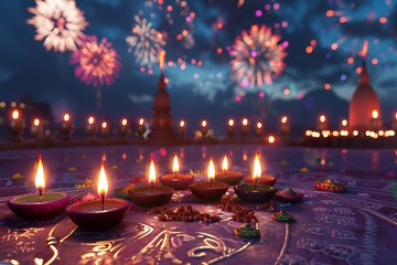 Colorful 3D render of a Diwali festival with lit diyas, rangoli designs, and fireworks in the night sky , created ai