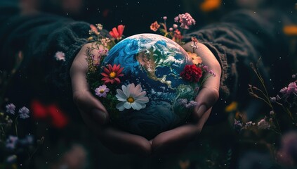 Hands hold Earth surrounded by flowers.