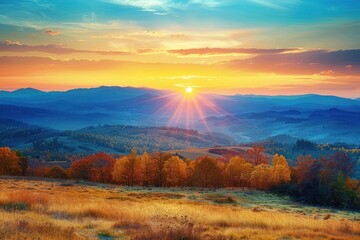 Fototapeta premium Sunrise over layered mountain ranges with golden fields and autumn trees