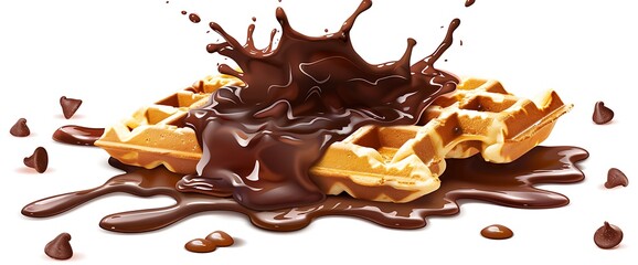 Fototapeta premium A waffle with chocolate sauce and chips in a splash.