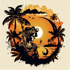 Lord Krishna Hindu Concept in Front of a Vintage Sunset T-Shirt Graphics &ndash; Divine Design Featuring Lord Krishna Silhouette Against a Retro Sunset Background for Spiritual and Stylish Apparel