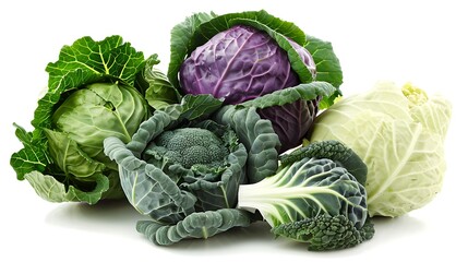 Fototapeta premium Winter cabbage heads, green and purple, isolated on a white background.