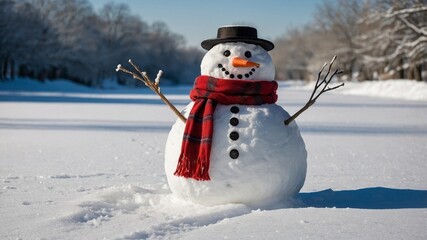 Festive Snowman in a Winter Wonderland: Embrace the Holiday Spirit with a Carrot Nose and Cozy Red Scarf