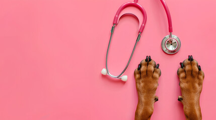 Dog paws and stethoscope on a pink background with copy space, banner for vet clinic and animal health care facility