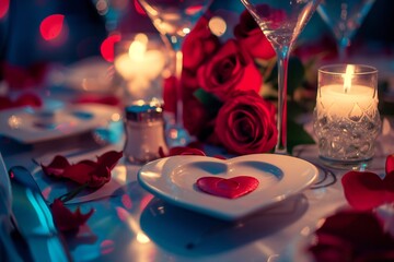 Romantic dinner table setting with heart-shaped plates, red roses, and candlelight  , created by ai