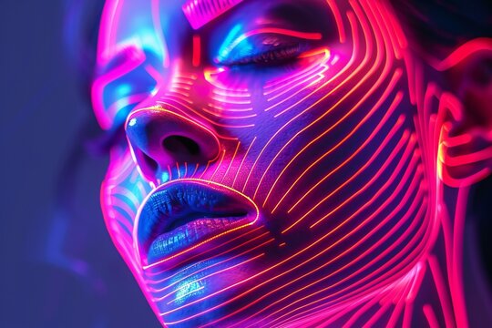 Abstract 3D neon hologram of a human face with glowing lines , created ai
