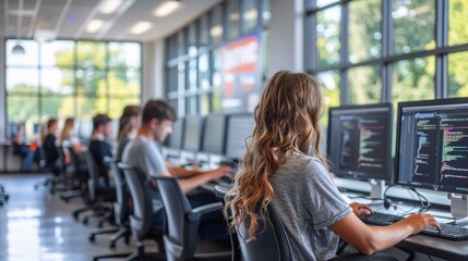 Coding class with students focused on programming at their workstations