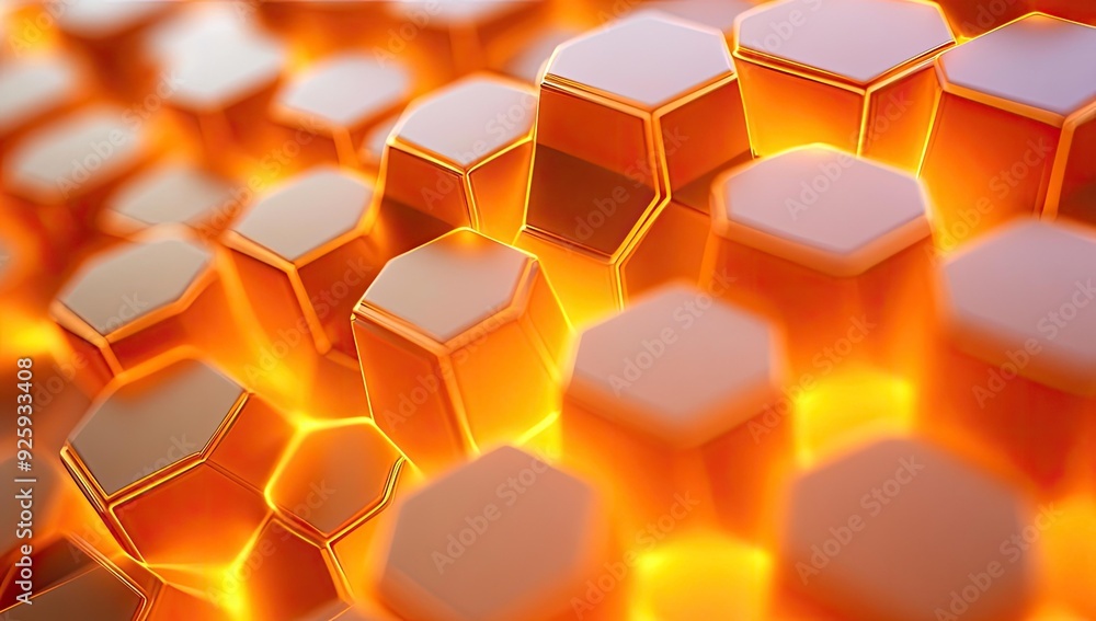 Poster shiny orange hexagonal pattern background.