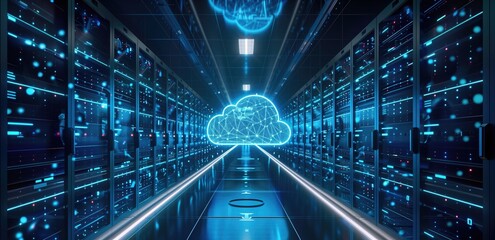 Futuristic data center hallway with glowing blue cloud hologram amidst server racks. Concepts of cloud computing, data storage, and modern technology infrastructure.