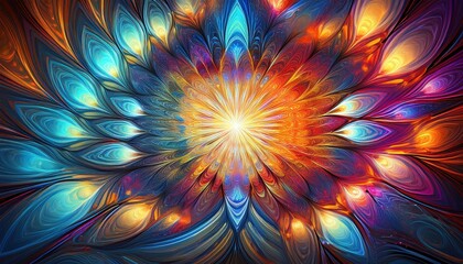 Obraz premium A complex abstract background with intricate fractal patterns radiating outward in vivid, glowing colors, creating a sense of depth