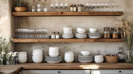 Organized kitchen shelving with white dishes and glassware