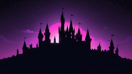 Fototapeta premium Silhouette castle against purple night sky with stars. Suitable for fantasy book covers, travel posters, and magical backgrounds.