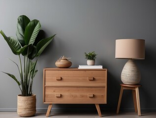 Wooden Dresser with Lamp, Plants, and Decorative Bowl