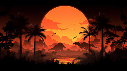 Dinosaur silhouettes, shadow scene of jurassic prehistoric landscape. Dino animals and ancient flora with palm trees and ferns under a large sunset sun, monochromatic background in brown colors