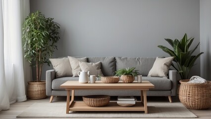 Cozy Living Room with Grey Sofa, Wooden Coffee Table, and Greenery