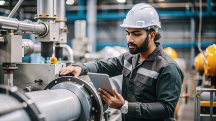 An Indian technician examining and maintaining industrial equipment in a factory.
