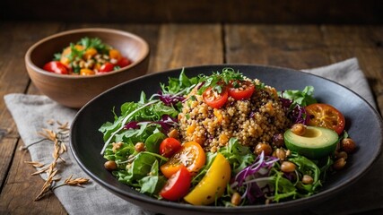 Colorful quinoa salad bowl with fresh vegetables and avocado on rustic wooden table