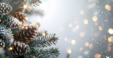 Closeup of Green Christmastree pine cone and ball decorations
