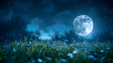 Fototapeta premium Big moon in night sky over green hills and fields.