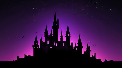 Fototapeta premium Silhouette castle against purple night sky with stars. Suitable for fantasy book covers, travel posters, and magical backgrounds.