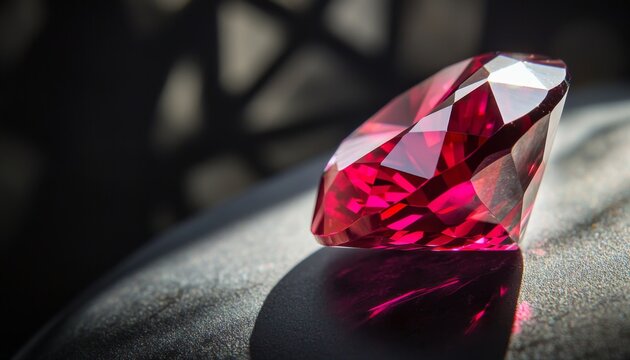 A vibrant red ruby gem captured in an ultra-close shot, its facets glowing with intense color. The backdrop is a sleek, blurred black wall with subtle patterns, creating a luxurious and elegant